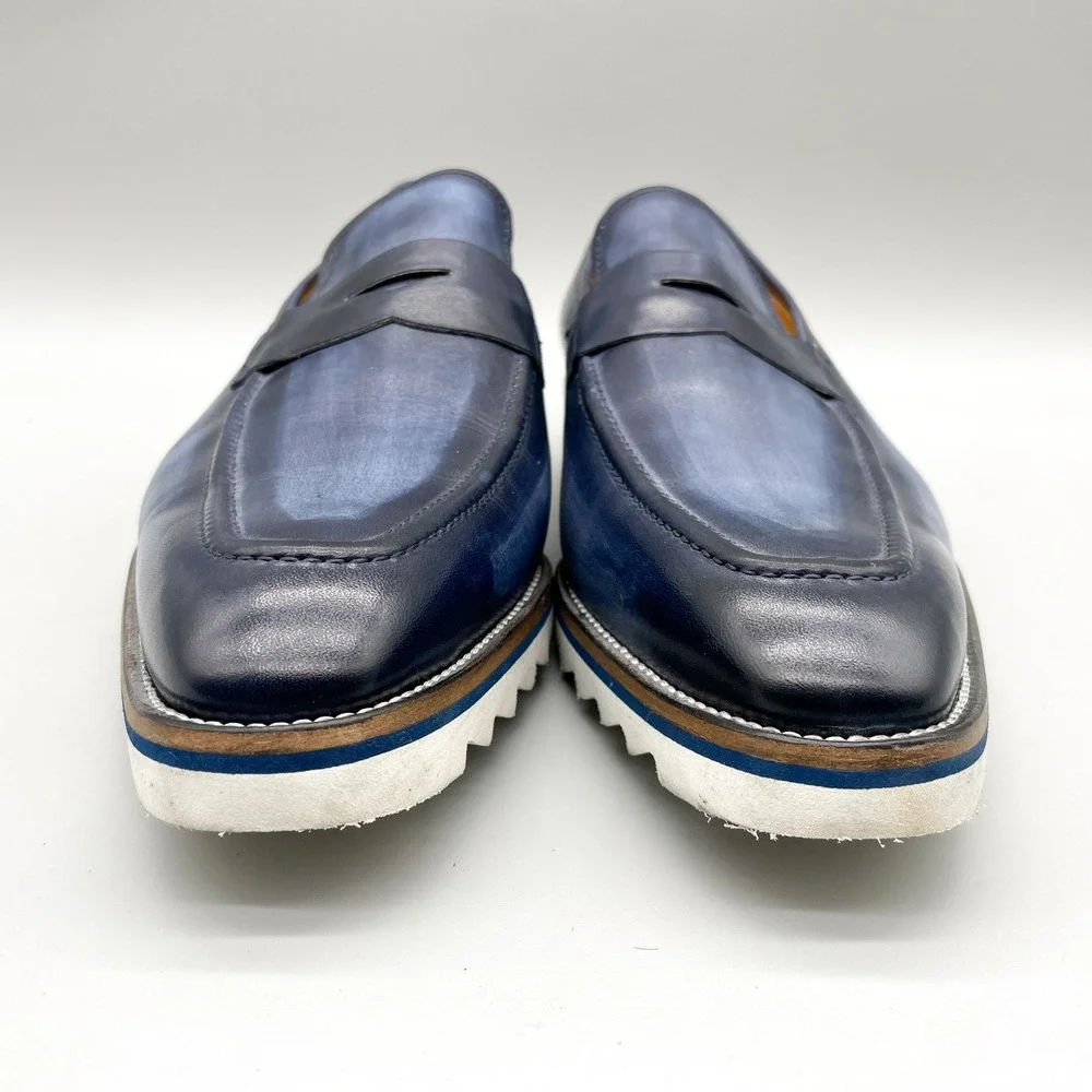 Jose Real Mens 45 Platform Penny Loafer Shoes Blue Burnished Leather Classic